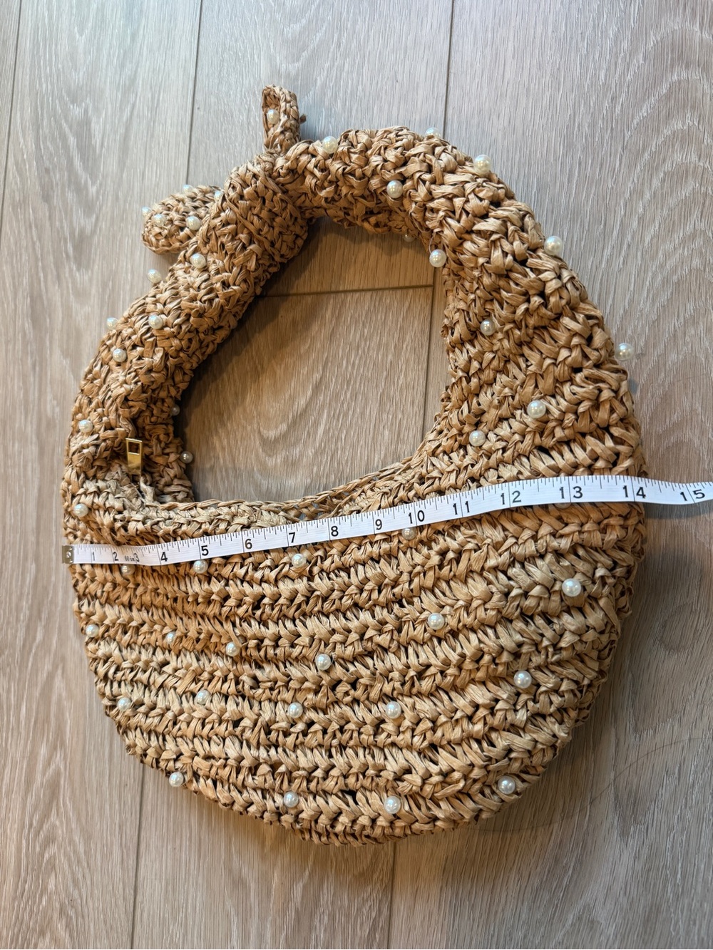 Haute Hippie Women’s Brown/Tan Woven Straw Pearl Hobo Bag Handbag Bow OS - Picture 7 of 7